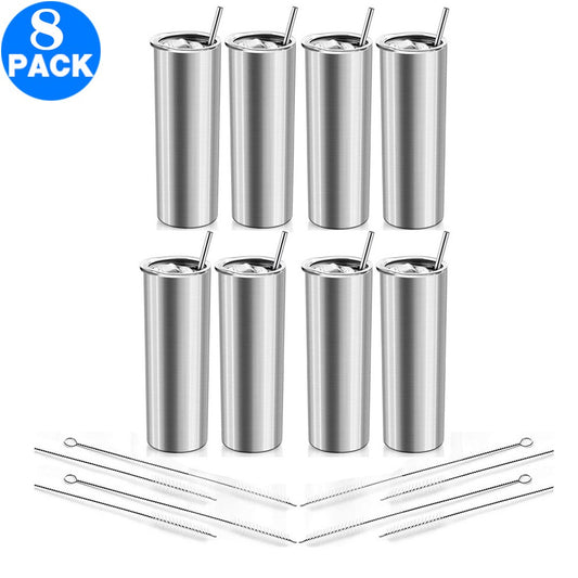 8 Pack 20 OZ Skinny Stainless Steel Tumbler Double Wall Slim Insulated Tumbler with Lid and Straw and Brush