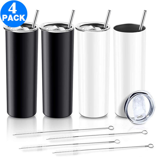 4 Pack 20 OZ Skinny Stainless Steel Tumbler Double Wall Slim Insulated Tumbler with Lid and Straw and Brush Black and White