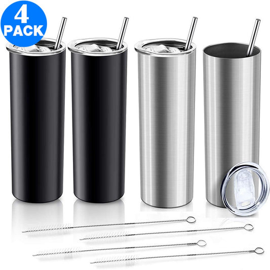 4 Pack 20 OZ Skinny Stainless Steel Tumbler Double Wall Slim Insulated Tumbler with Lid and Straw and Brush Black and Silver