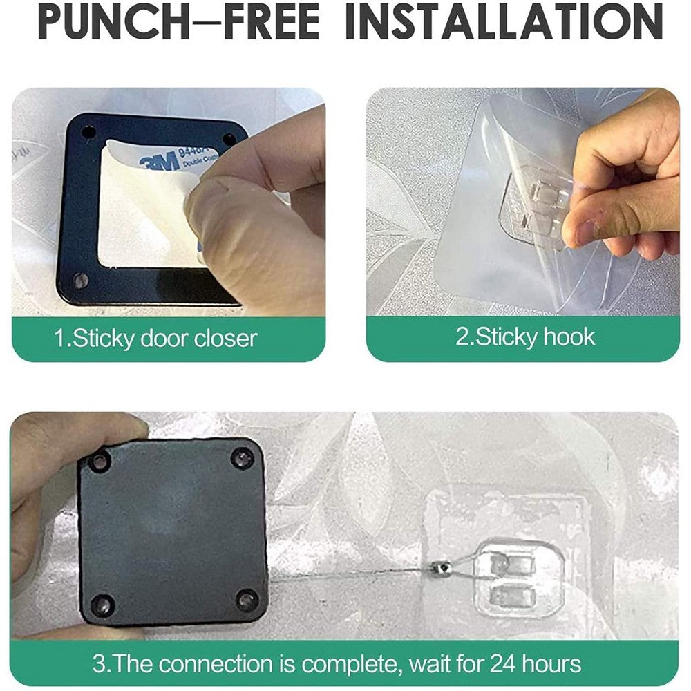 2 Pack Self Adhesive Self Closing Automatic Door Closer with with 1M Strong Tensile Force Steel Drawstring Wire