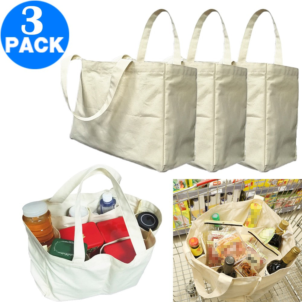 3 Pack Canvas Grocery Shopping Bags Reusable Eco friendly Cotton Tote Bags