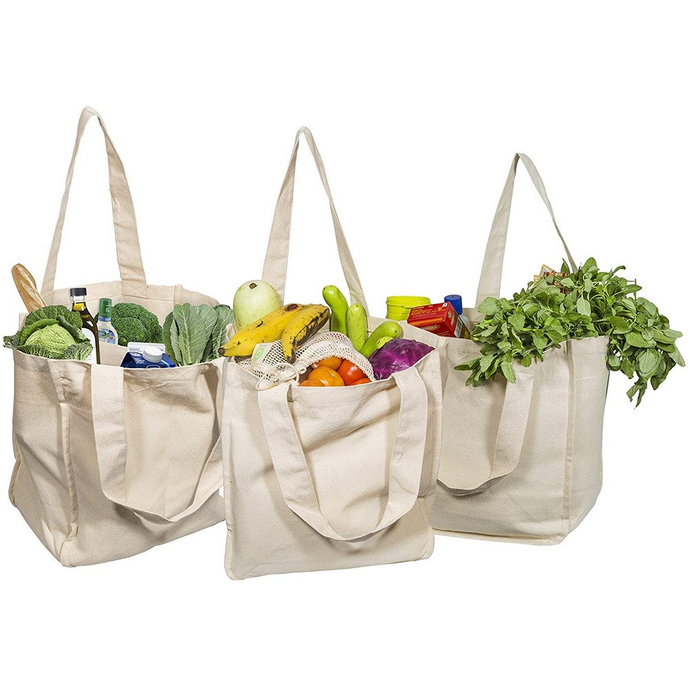 3 Pack Canvas Grocery Shopping Bags Reusable Eco friendly Cotton Tote Bags