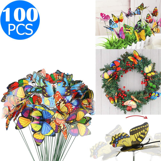 100 Pieces Garden Butterfly Stakes Ornaments for Indoor Outdoor Yard Patio Plant Pot Flower Bed Random Colour