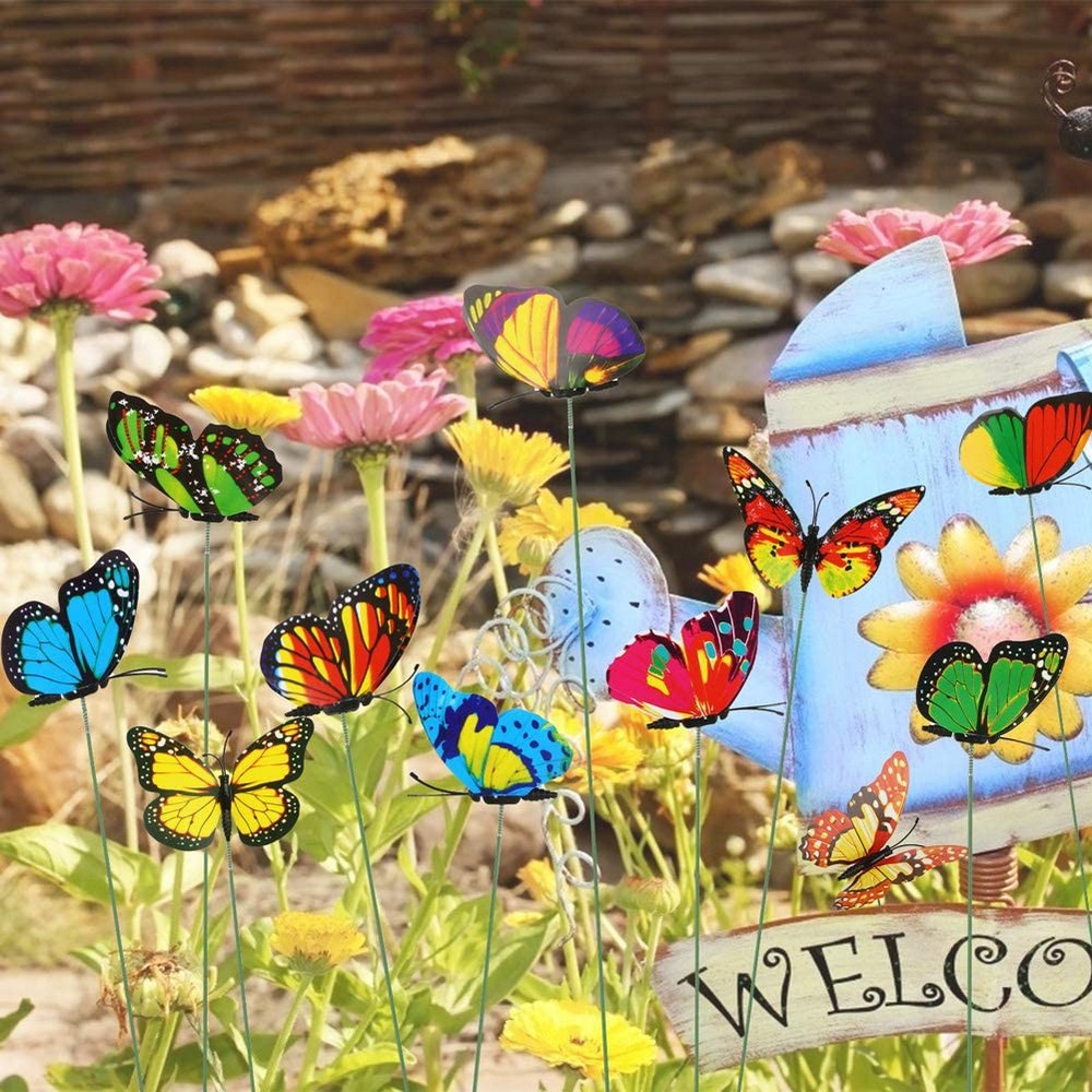 100 Pieces Garden Butterfly Stakes Ornaments for Indoor Outdoor Yard Patio Plant Pot Flower Bed Random Colour