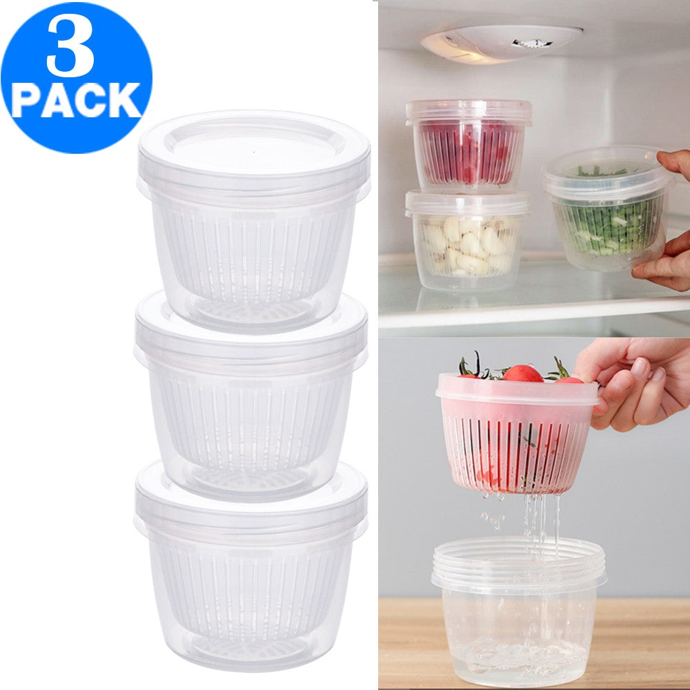3 X Kitchen Round Drain Sealed Box Ginger Garlic Onion Food Container Refrigerator Storage Draining Bowl with Lid
