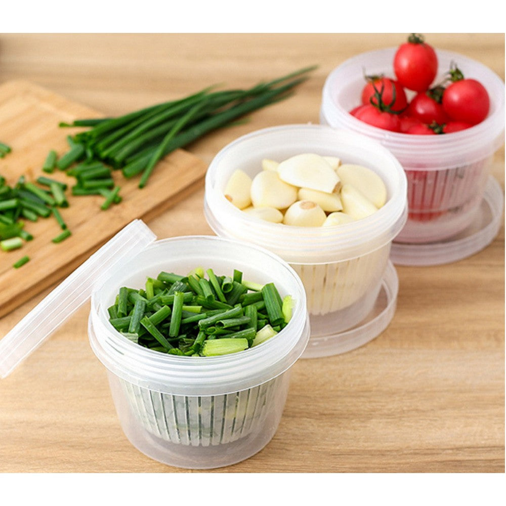 3 X Kitchen Round Drain Sealed Box Ginger Garlic Onion Food Container Refrigerator Storage Draining Bowl with Lid