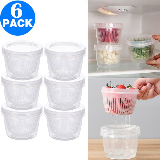 6 X Kitchen Round Drain Sealed Box Ginger Garlic Onion Food Container Refrigerator Storage Draining Bowl with Lid