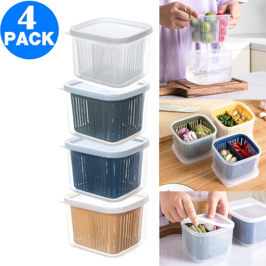 4 X Kitchen Square Drain Sealed Box Ginger Garlic Onion Food Container Refrigerator Storage Draining Bowl with 2 Compartment