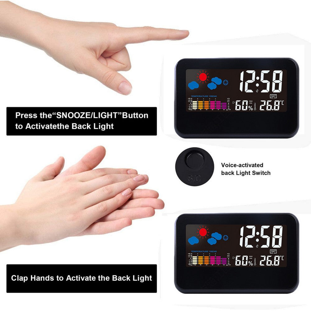 2 X Digital Weather Station Alarm Clock with Indoor Thermometer Hygrometer Monitor Voice Control Backlight Display for Home Office