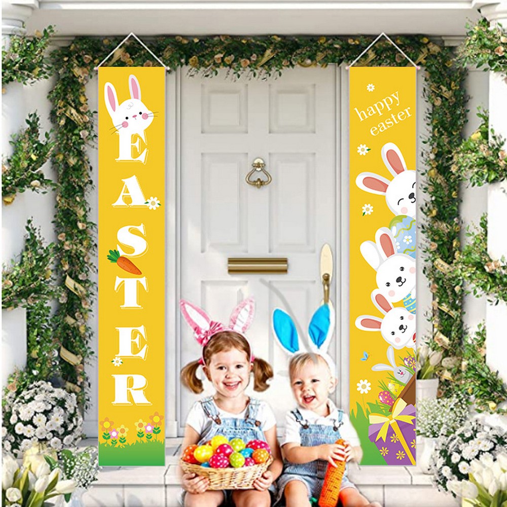2 Pairs of Happy Easter Banner Easter Porch Sign Door Decoration Easter Decoration Style 1 Style 2