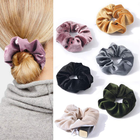 6PCS Women Solid Color Zipper Pocket Velvet Scrunchies Hair Ties Girl Stuff Scrunchy Hair Elastic Bands for Sister Friend Set A