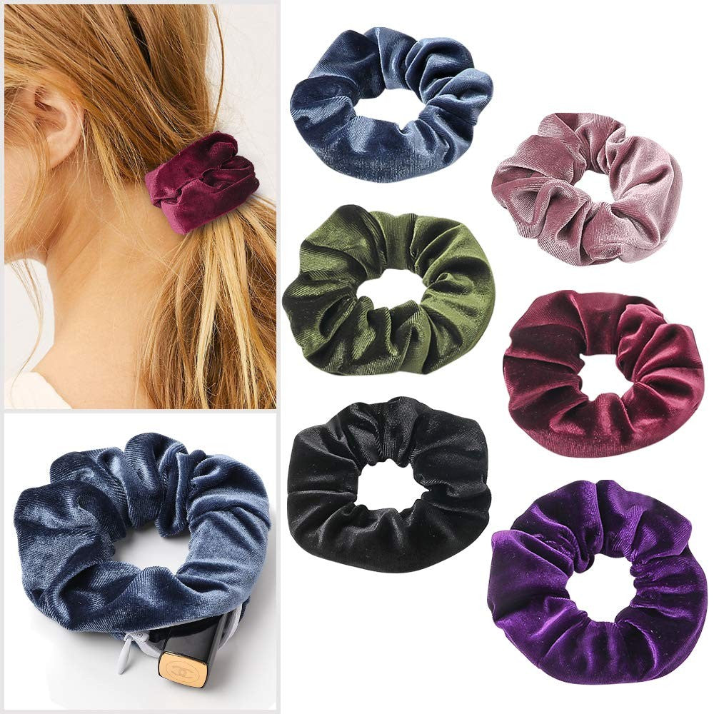 6PCS Women Solid Color Zipper Pocket Velvet Scrunchies Hair Ties Girl Stuff Scrunchy Hair Elastic Bands for Sister Friend Set B
