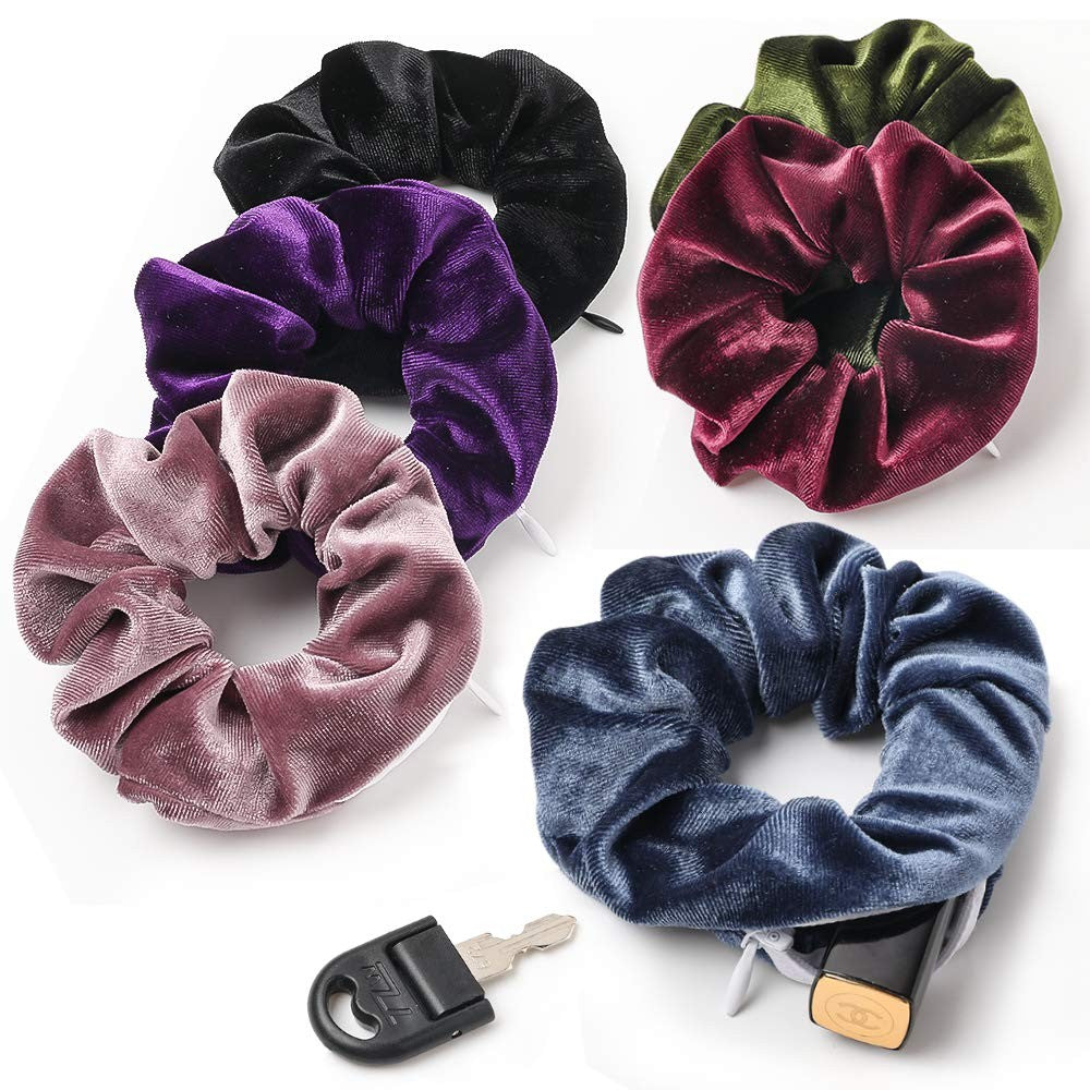 6PCS Women Solid Color Zipper Pocket Velvet Scrunchies Hair Ties Girl Stuff Scrunchy Hair Elastic Bands for Sister Friend Set B