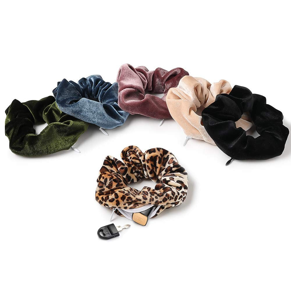 6PCS Women Solid Color Zipper Pocket Velvet Scrunchies Hair Ties Girl Stuff Scrunchy Hair Elastic Bands for Sister Friend Set C