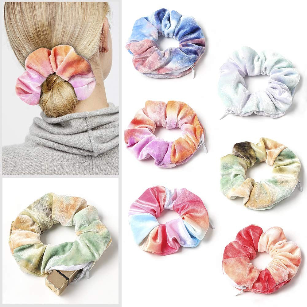 6PCS Women Dye Zipper Pocket Velvet Scrunchies Hair Ties Girl Stuff Scrunchy Hair Elastic Bands for Sister Friend