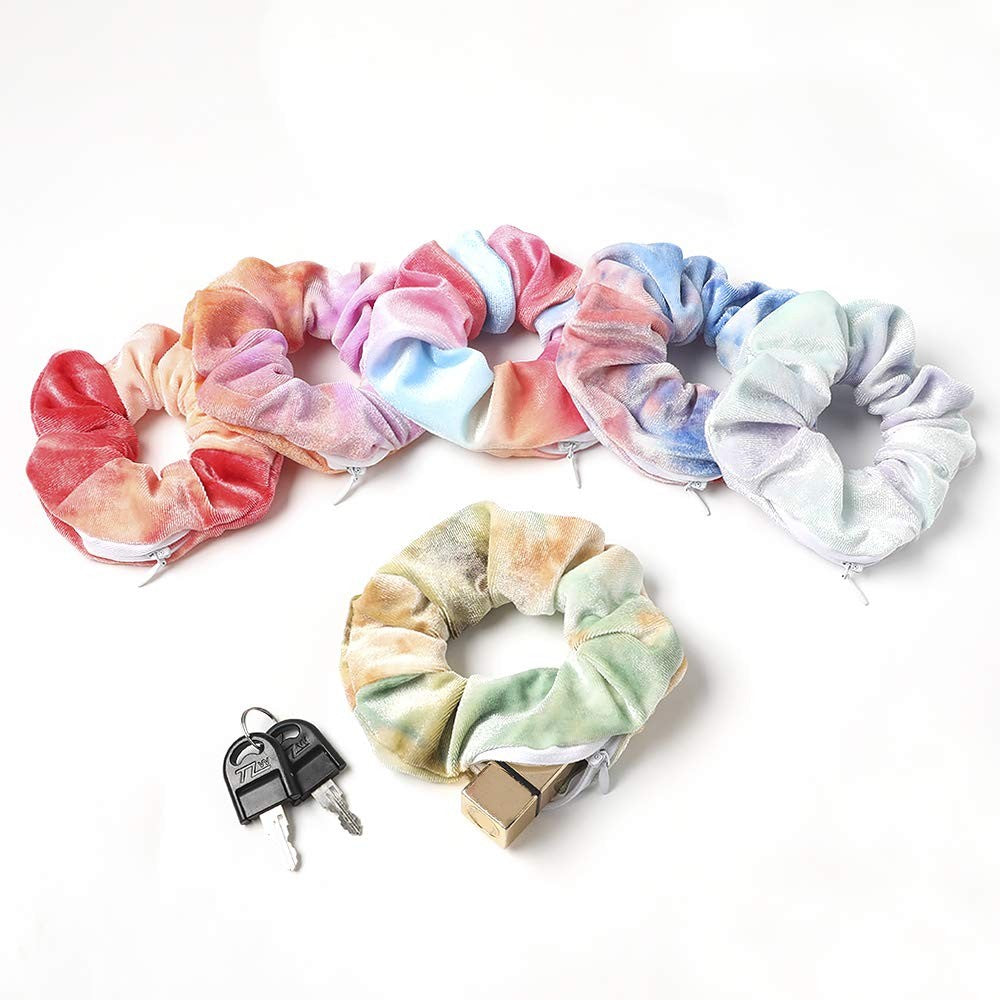 6PCS Women Dye Zipper Pocket Velvet Scrunchies Hair Ties Girl Stuff Scrunchy Hair Elastic Bands for Sister Friend