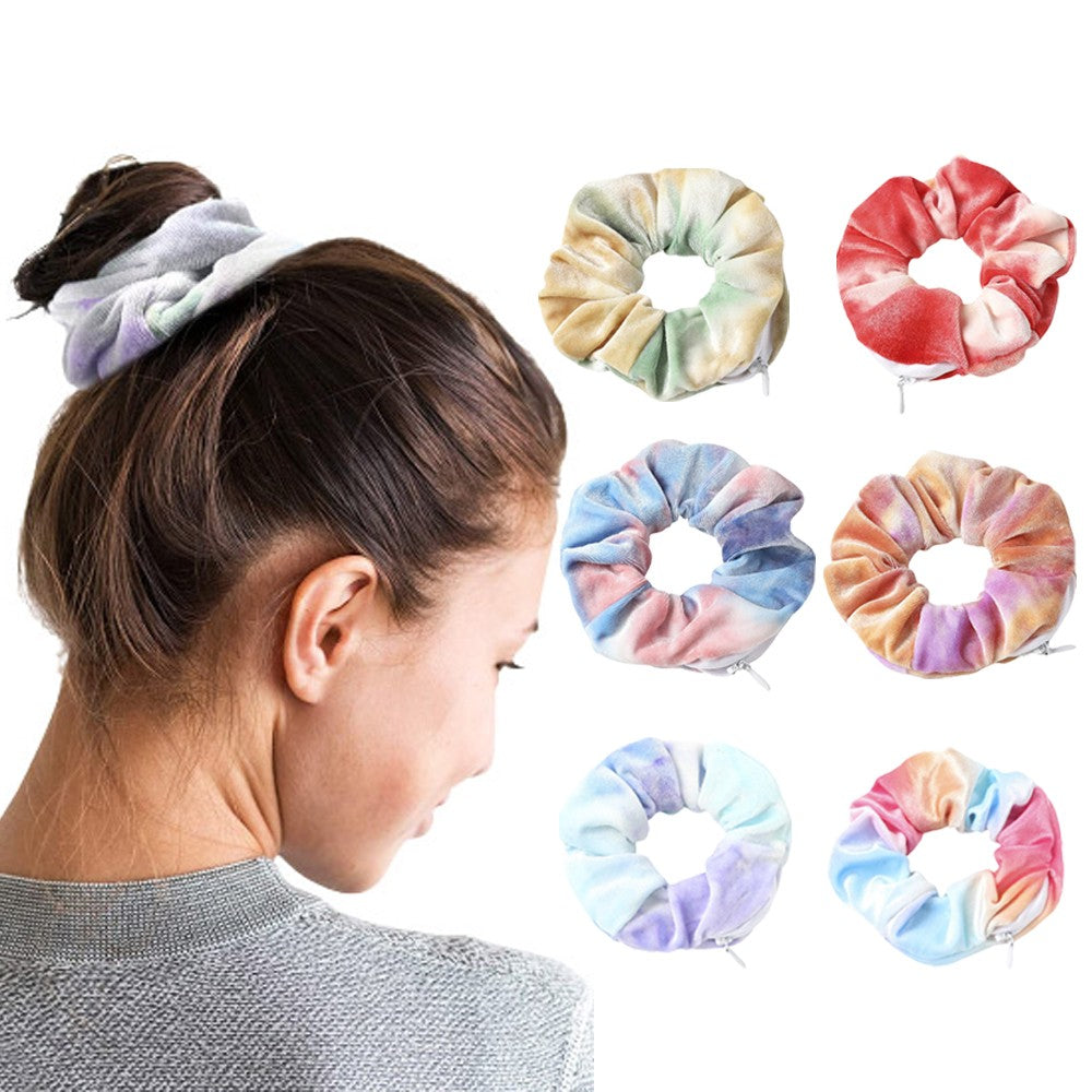 6PCS Women Dye Zipper Pocket Velvet Scrunchies Hair Ties Girl Stuff Scrunchy Hair Elastic Bands for Sister Friend