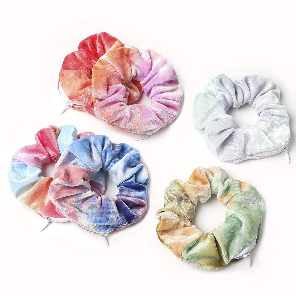 6PCS Women Dye Zipper Pocket Velvet Scrunchies Hair Ties Girl Stuff Scrunchy Hair Elastic Bands for Sister Friend