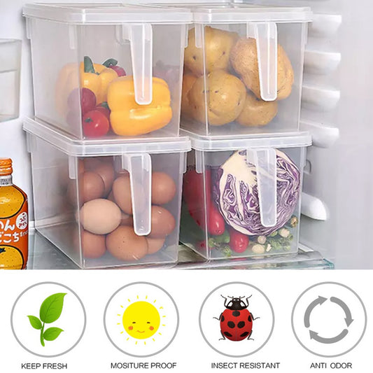 4 X Kitchen Transparent Storage Box Cabinet Organizer Plastic Bin Food Storage Container with Lid and Handle for Refrigerator Freezer Cabinet