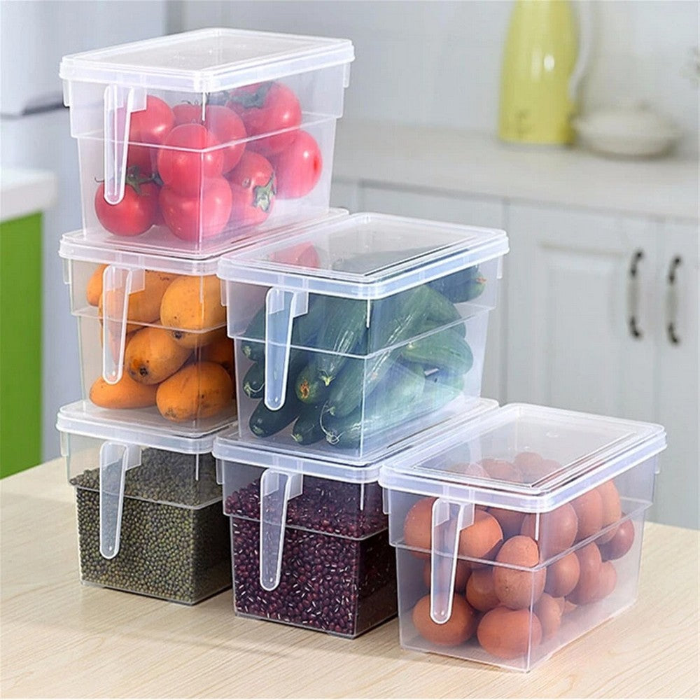 4 X Kitchen Transparent Storage Box Cabinet Organizer Plastic Bin Food Storage Container with Lid and Handle for Refrigerator Freezer Cabinet