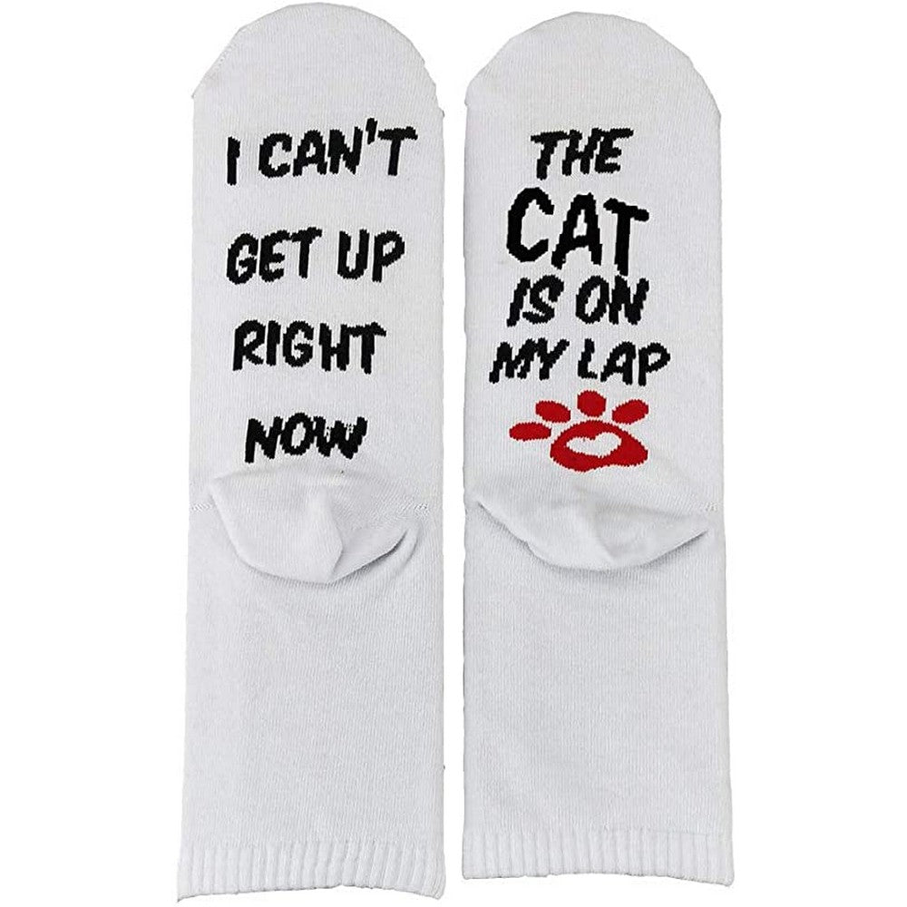 2 Pairs of Unisex Funny and Novelty Socks I CANT GET UP RIGHT NOW THE DOG CAT IS ON MY LAP Socks for Dog Lovers Cat Lovers for Friend Christmas New Year