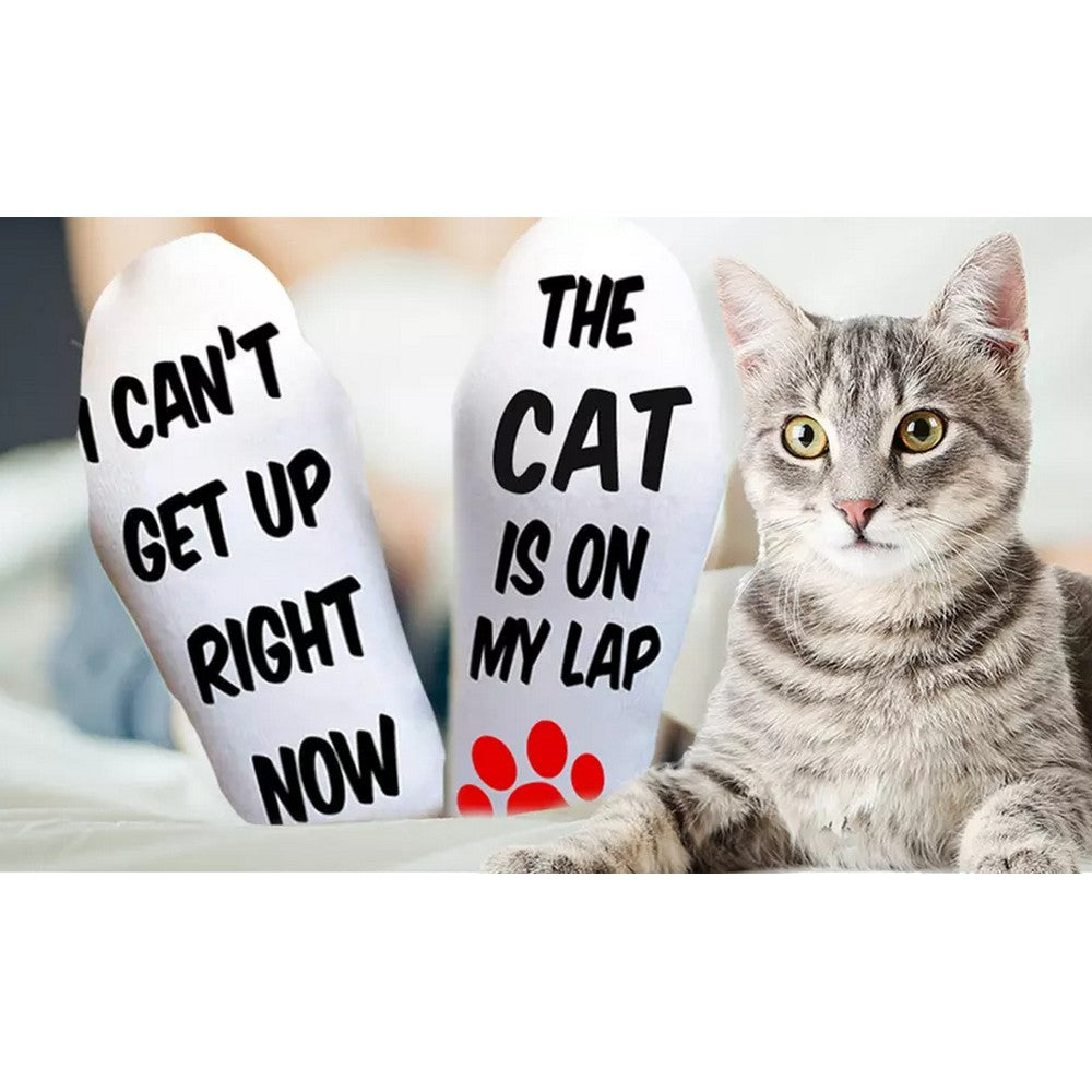 2 Pairs of Unisex Funny and Novelty Socks I CANT GET UP RIGHT NOW THE DOG CAT IS ON MY LAP Socks for Dog Lovers Cat Lovers for Friend Christmas New Year