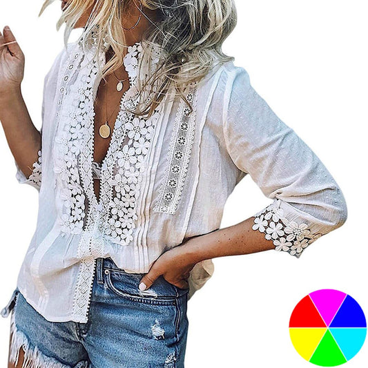 Womens V Neck Lace Casual Button T Shirts Blouses Tops