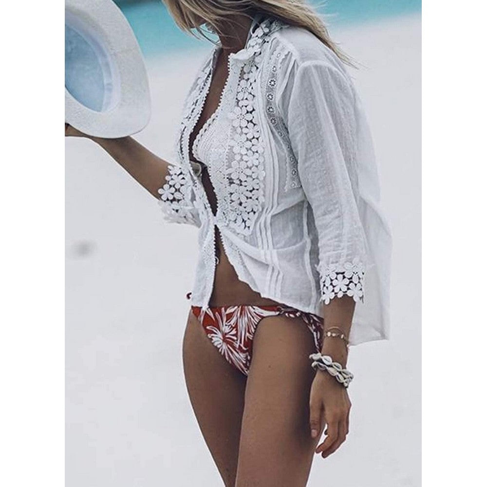 Womens V Neck Lace Casual Button T Shirts Blouses Tops
