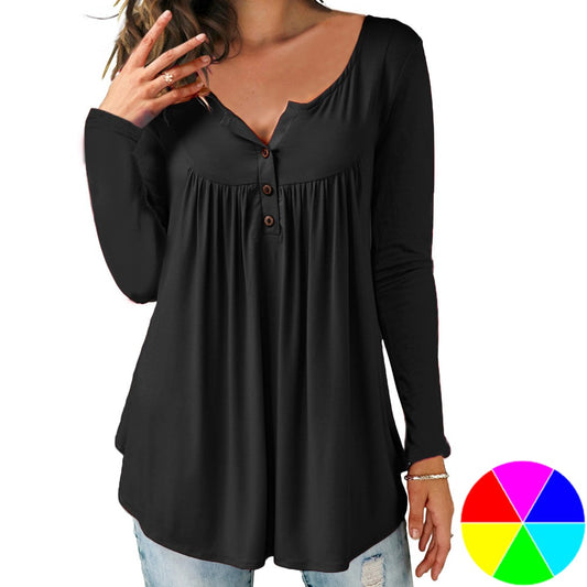 Womens Plus Size Pleated Tunic Tops Buttons Up Long Sleeve Shirts Blouses