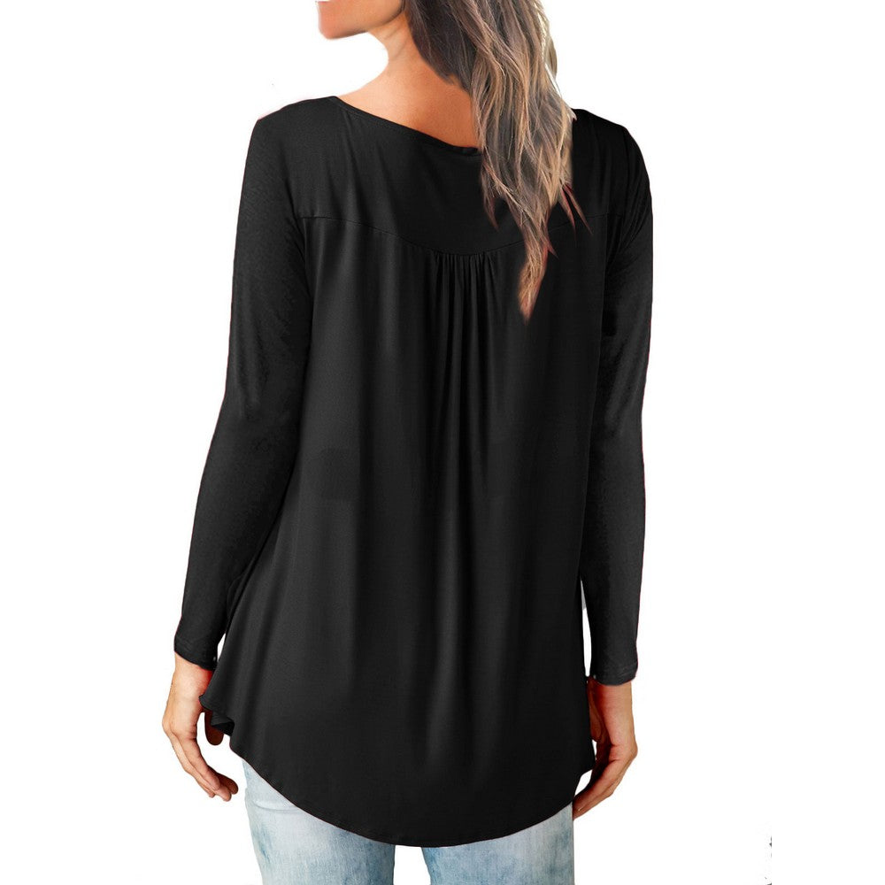 Womens Plus Size Pleated Tunic Tops Buttons Up Long Sleeve Shirts Blouses