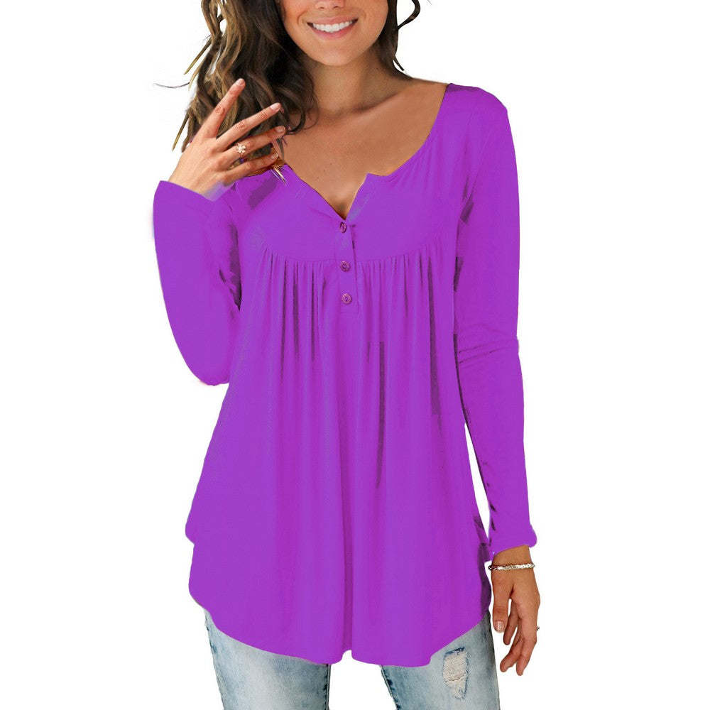 Womens Plus Size Pleated Tunic Tops Buttons Up Long Sleeve Shirts Blouses