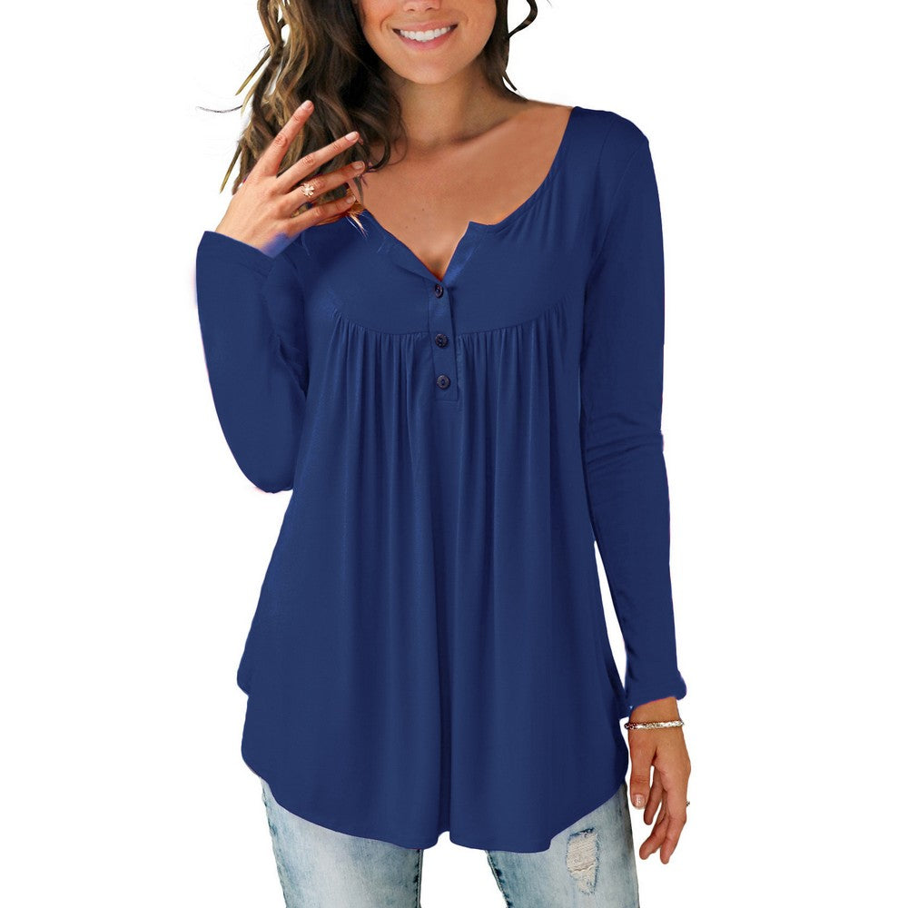 Womens Plus Size Pleated Tunic Tops Buttons Up Long Sleeve Shirts Blouses