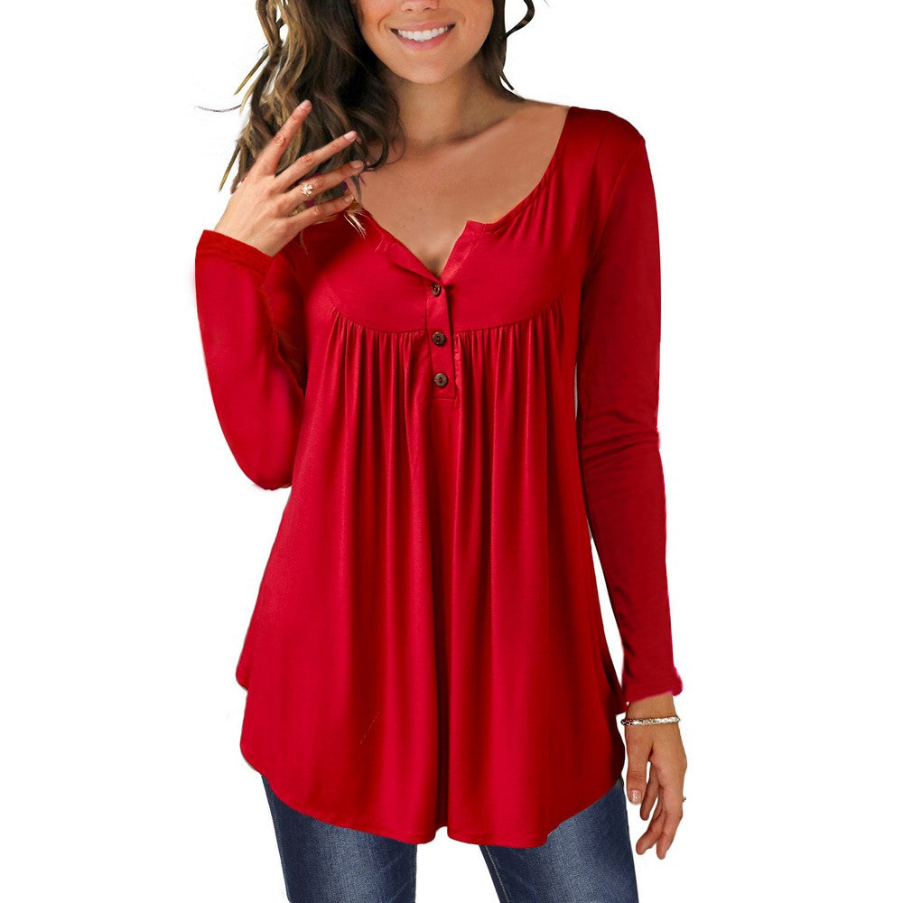 Womens Plus Size Pleated Tunic Tops Buttons Up Long Sleeve Shirts Blouses