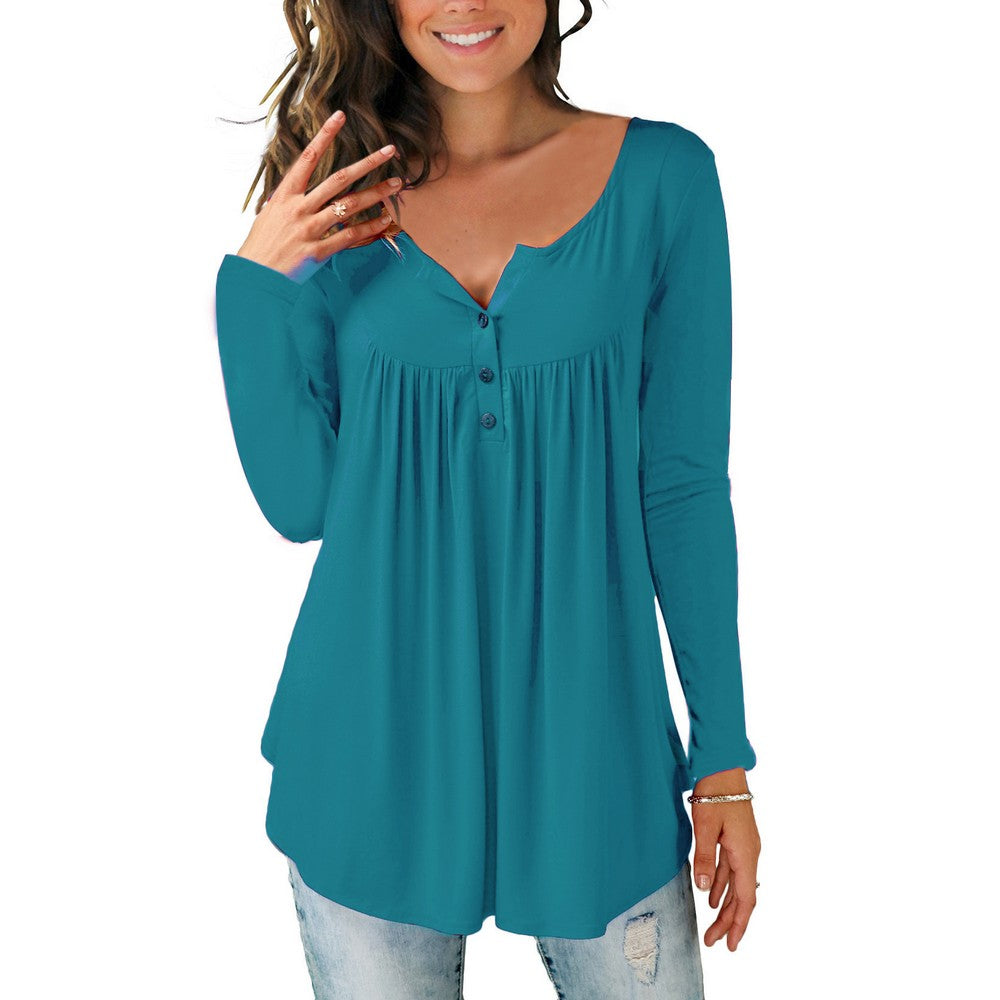 Womens Plus Size Pleated Tunic Tops Buttons Up Long Sleeve Shirts Blouses