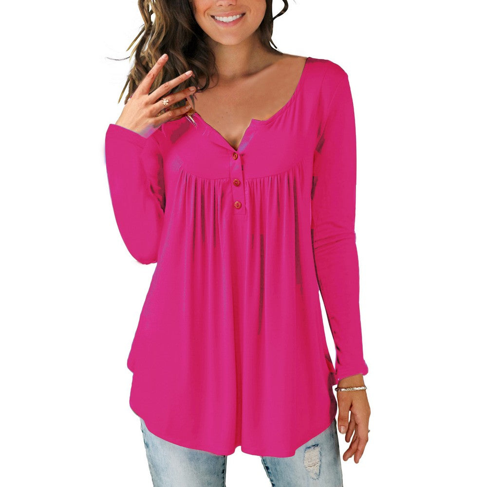 Womens Plus Size Pleated Tunic Tops Buttons Up Long Sleeve Shirts Blouses