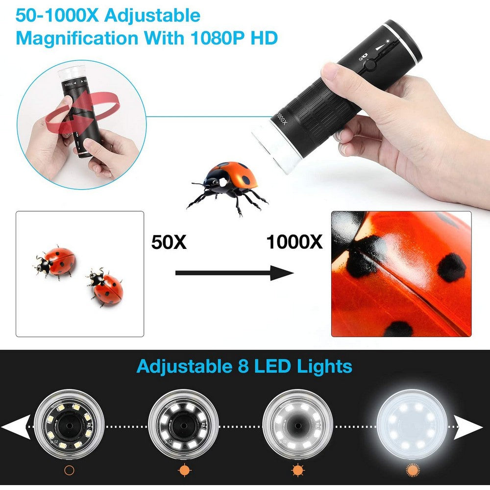 Wireless Digital Microscope 50X to 1000X WiFi Microscope Camera Magnifier with 8 LED Light Not Support PC