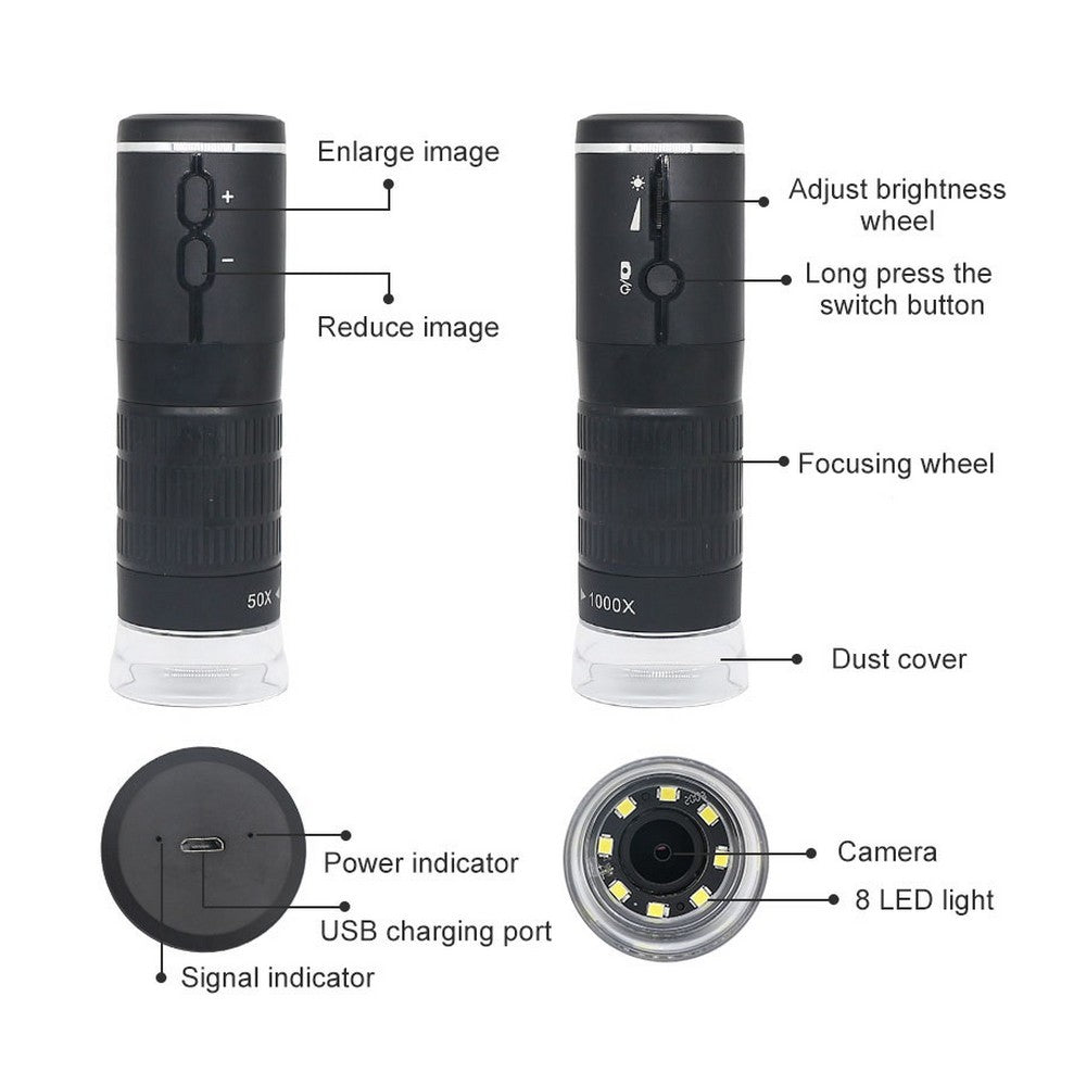 Wireless Digital Microscope 50X to 1000X WiFi Microscope Camera Magnifier with 8 LED Light Not Support PC