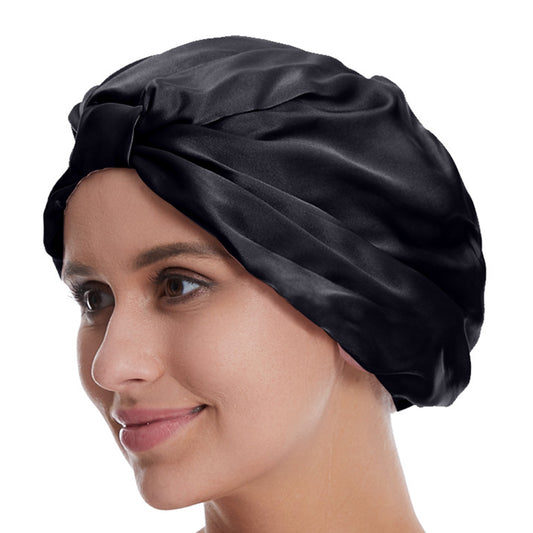 Women Silk Turban Tied Knot Fashion Pleated Turban Cap Beanie Headwrap Sleep Hat Black