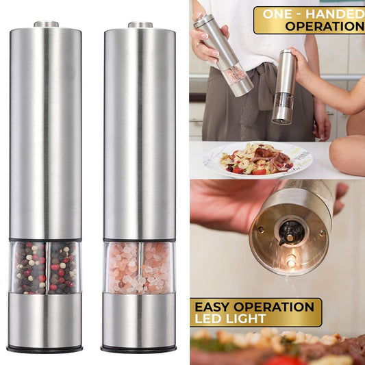 2 X Kitchen Electric Battery Operated Stainless Steel Salt Pepper Grinder One Handed Operated Spice Mill with LED light and Adjustable Coarseness Levels
