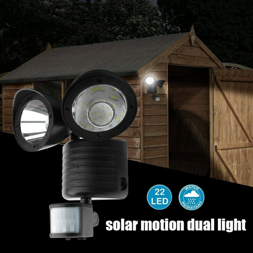 22 LED Outdoor Solar Powered Dual Heads Light Flood Lamp Security Garden Motion Sensor Light