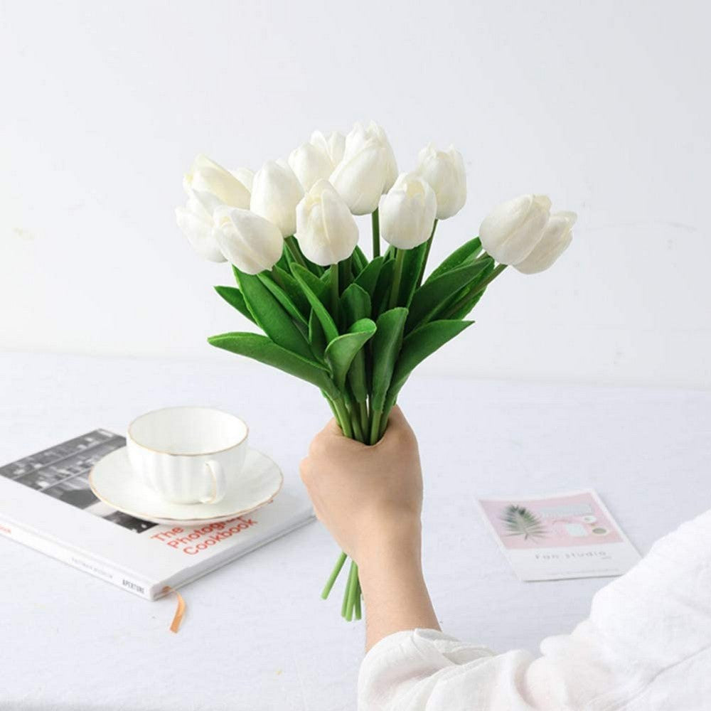 10 X Artificial White Tulip Flower Bouquet Home Office Wedding Decoration Photography Props