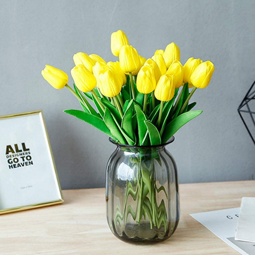 10 X Artificial Yellow Tulip Flower Bouquet Home Office Wedding Decoration Photography Props