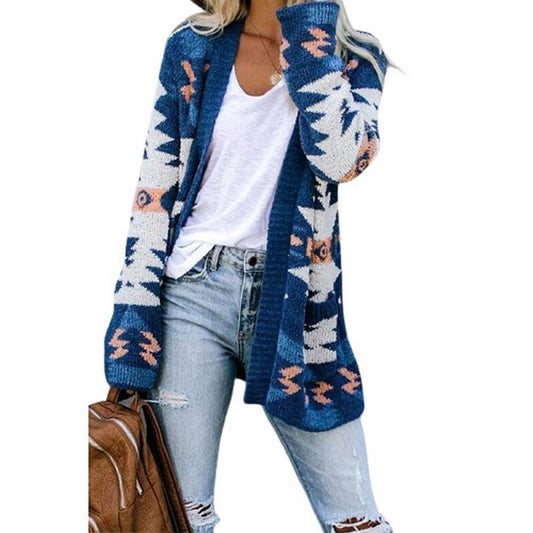 Women Geometric Pattern Open Front Long Sleeve Pocketed Cardigan Blue