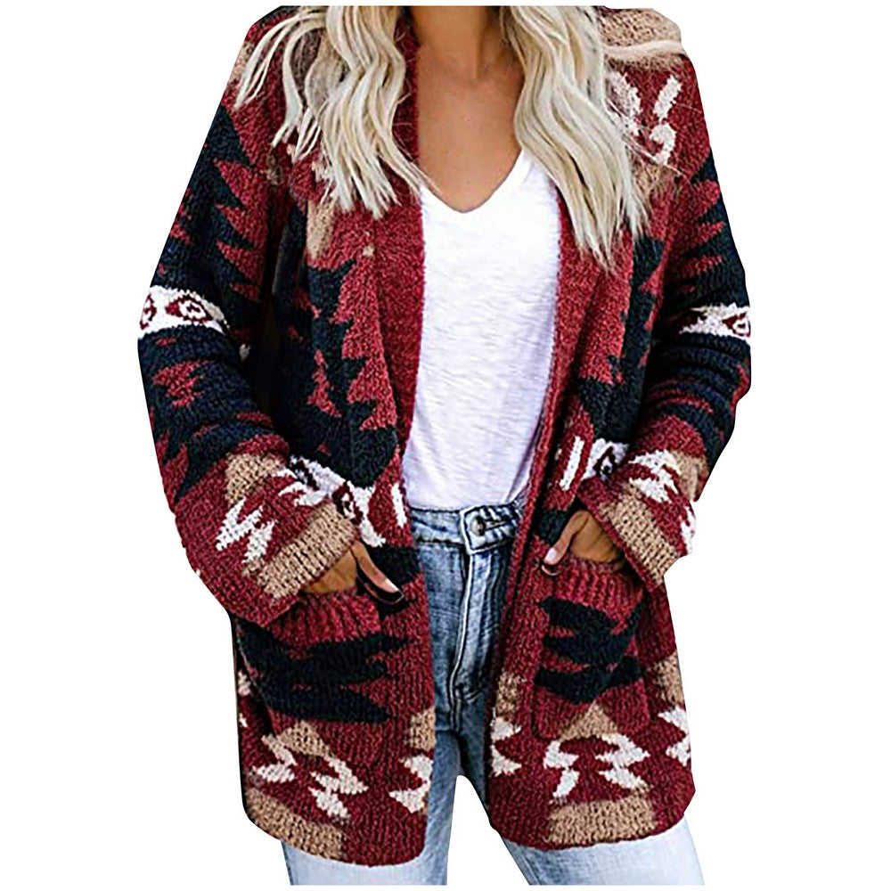 Women Geometric Pattern Open Front Long Sleeve Pocketed Cardigan Red