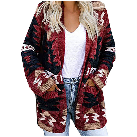 Women Geometric Pattern Open Front Long Sleeve Pocketed Cardigan Red