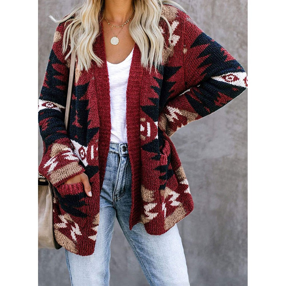 Women Geometric Pattern Open Front Long Sleeve Pocketed Cardigan Red
