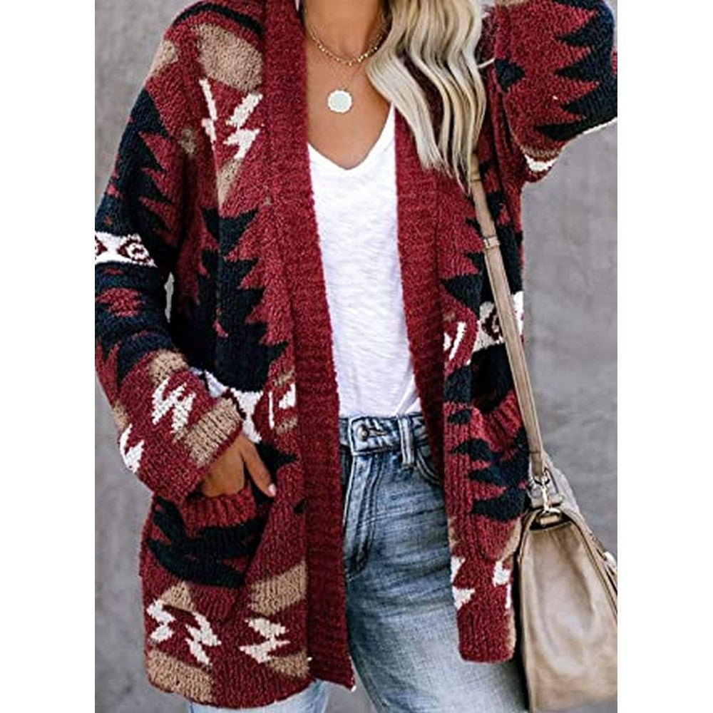 Women Geometric Pattern Open Front Long Sleeve Pocketed Cardigan Red