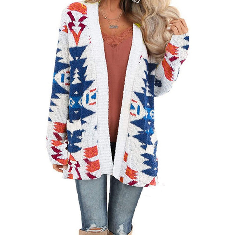 Women Geometric Pattern Open Front Long Sleeve Pocketed Cardigan White