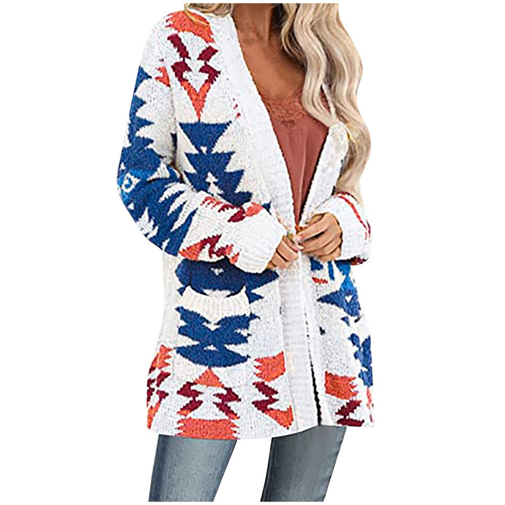 Women Geometric Pattern Open Front Long Sleeve Pocketed Cardigan White