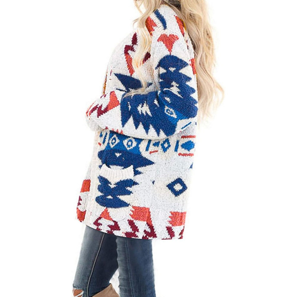 Women Geometric Pattern Open Front Long Sleeve Pocketed Cardigan White